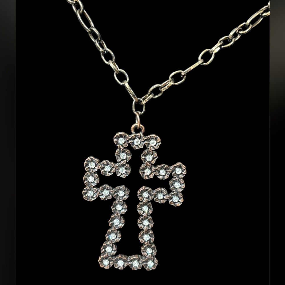 Unique Bronze Cross Pendant Necklace With Silver Crystal Accents. NWT - Picture 2 of 6